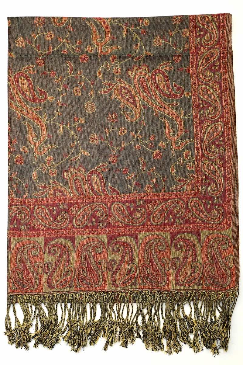 Achillea Olive Burgundy Reversible Paisley Pashmina