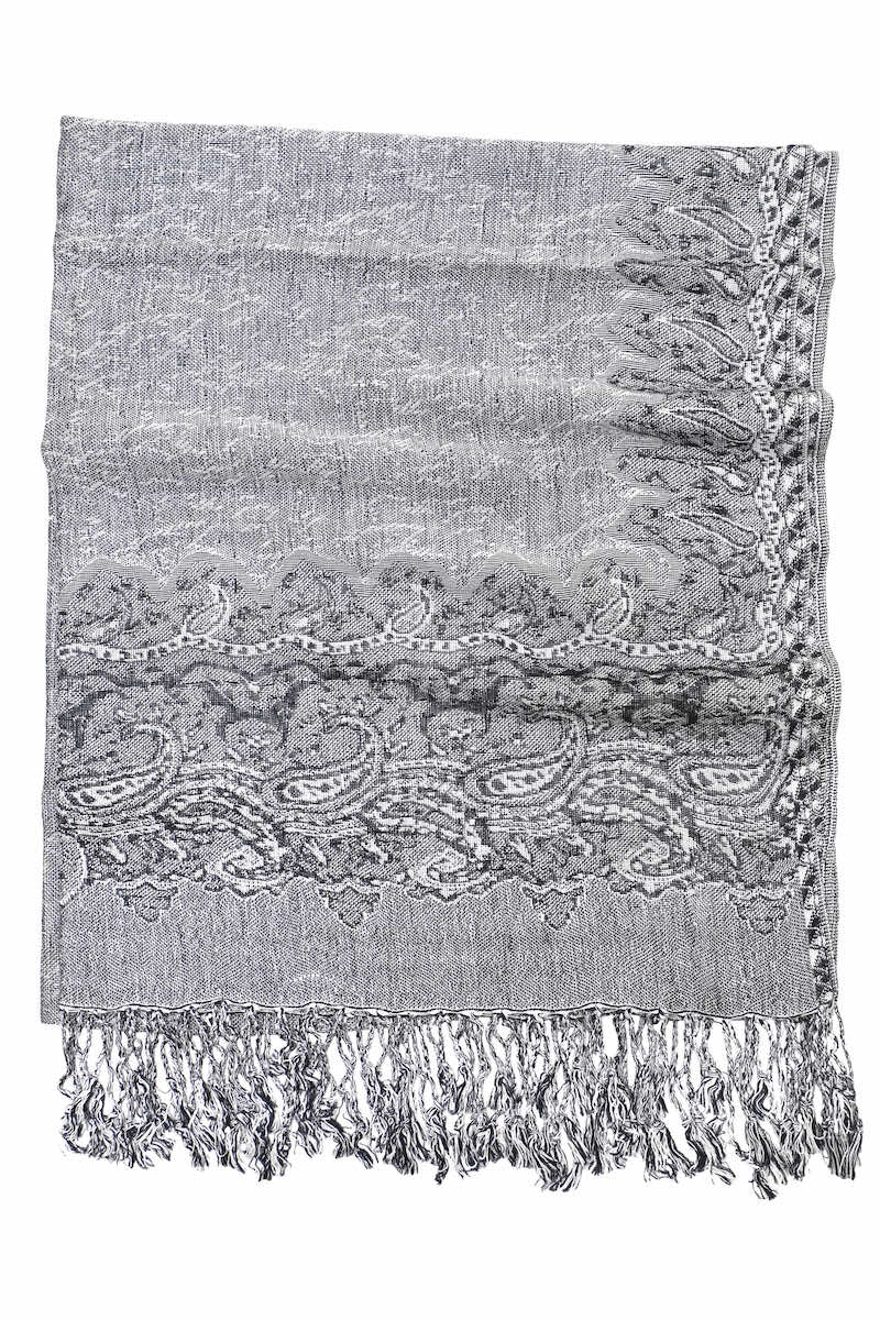 Achillea Silver Black Border Pashmina Shawl Wrap Scarf